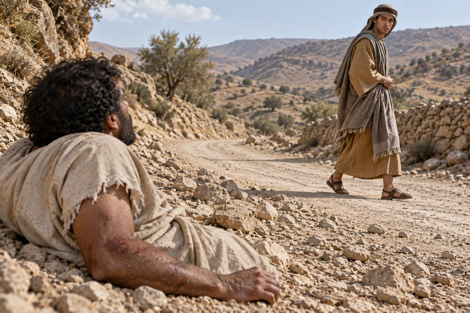 A young clean-shaven passerby turns his head toward the wounded traveler while continuing along the opposite side of the road.