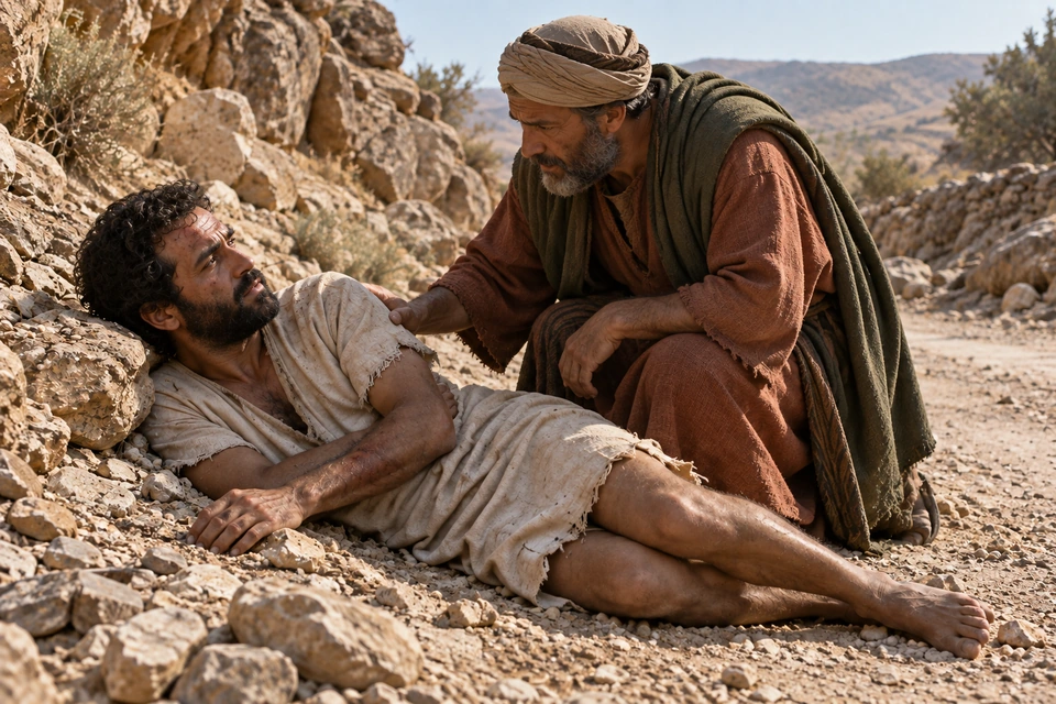 A man in a tan headwrap kneels beside an injured traveler, resting a hand on his shoulder as they look at one another.