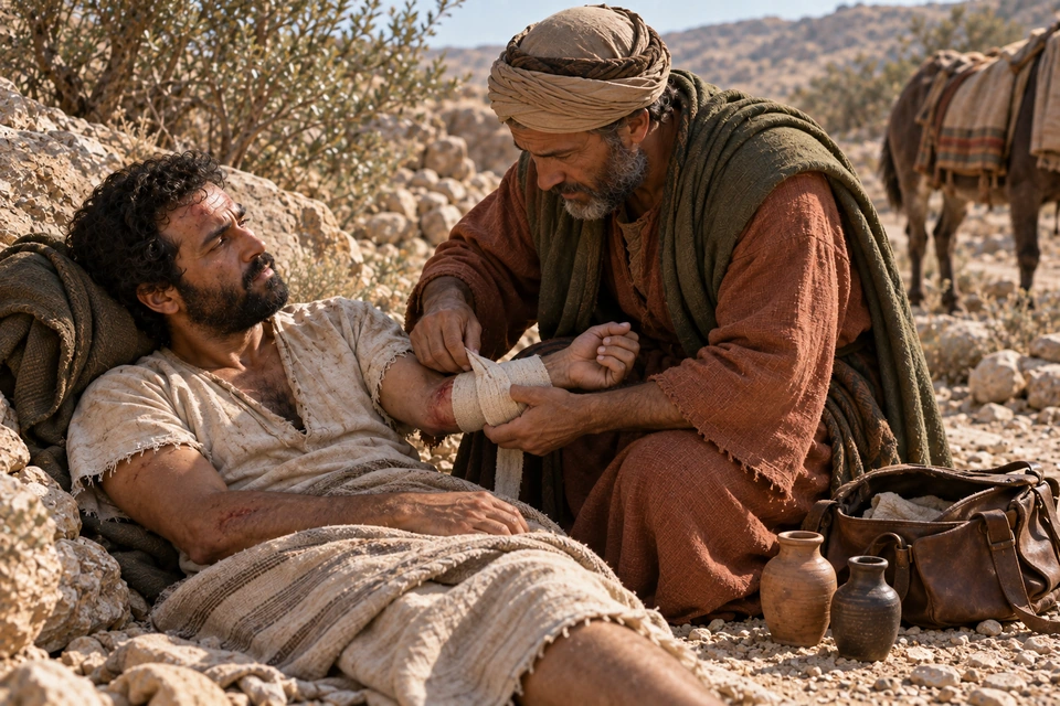 The Samaritan wraps cloth around the traveler's forearm beside two clay vessels and an open leather bag.