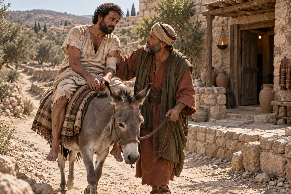 The bandaged traveler sits on a gray donkey while the Samaritan holds its lead and steadies his upper arm beside a stone building.