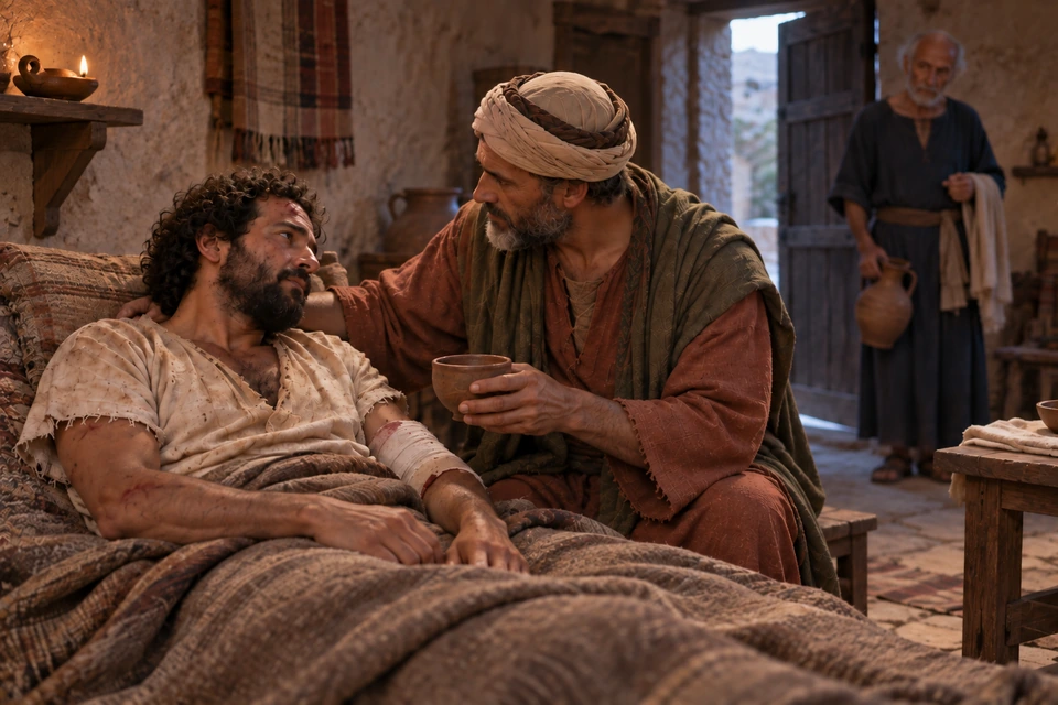 The Samaritan holds a cup beside the injured traveler on a bed, meeting his gaze while an older innkeeper stands nearby.
