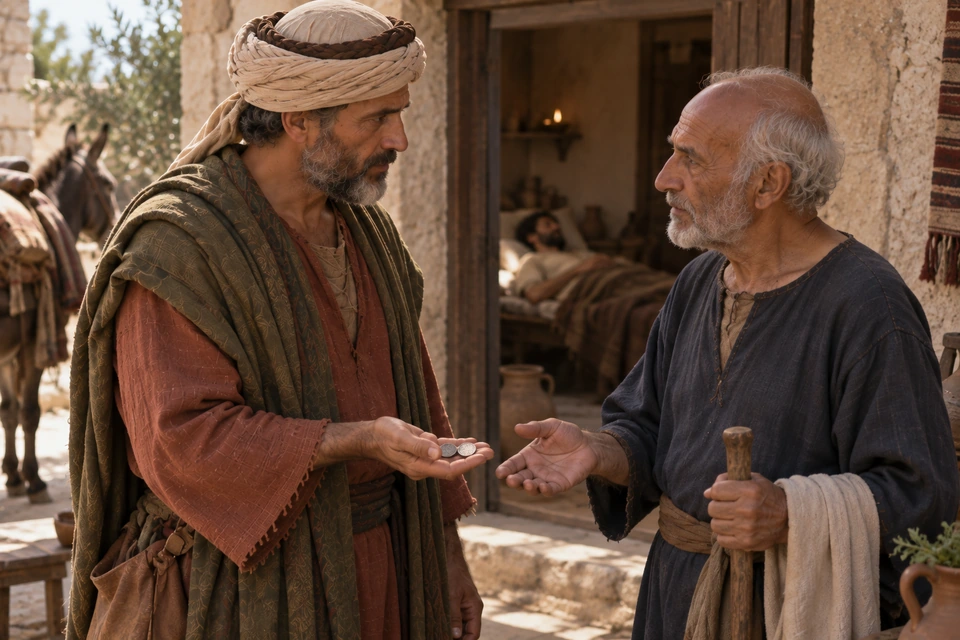 The Samaritan holds two coins side by side in his open palm as he speaks with the older innkeeper outside the traveler's room.