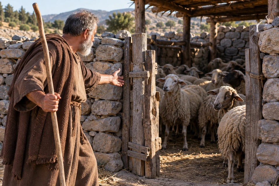 An older gray-bearded shepherd holds a staff and reaches an open hand toward sheep gathered inside a stone sheepfold.