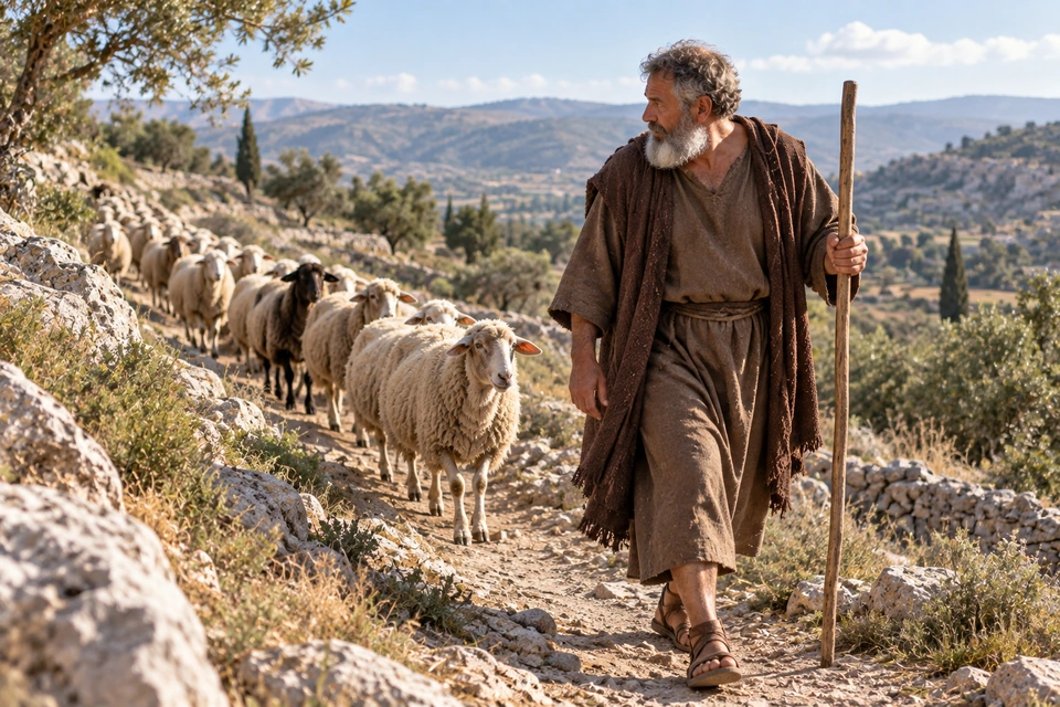 An older shepherd walks ahead along a stony hillside path and looks back toward sheep following behind him.