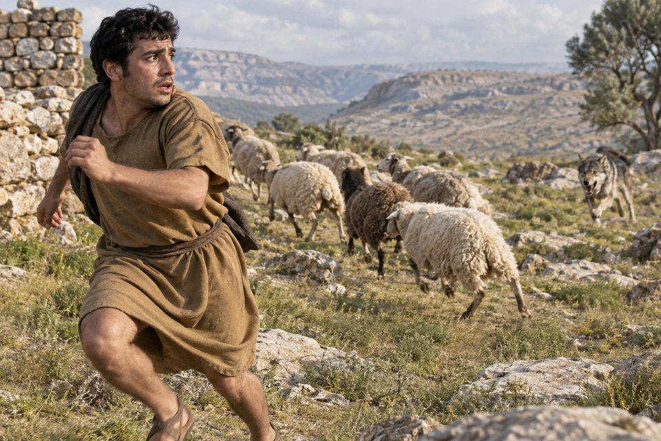 A young man runs from a scattered flock while looking back toward a gray wolf approaching across rocky grassland.