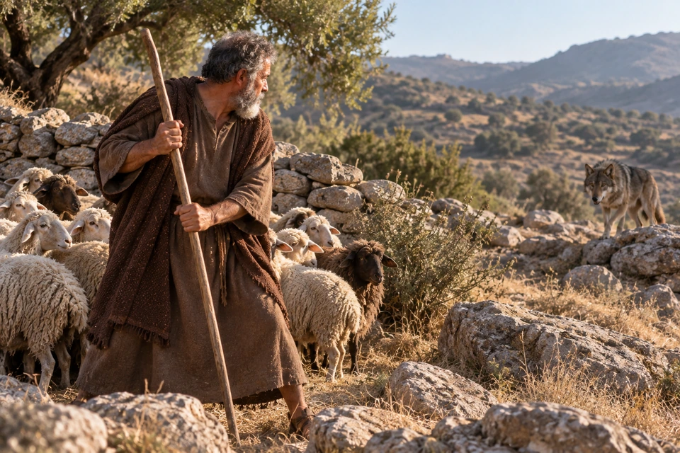 An older shepherd grips his staff and stands between a gathered flock and a gray wolf on the rocky ground ahead.