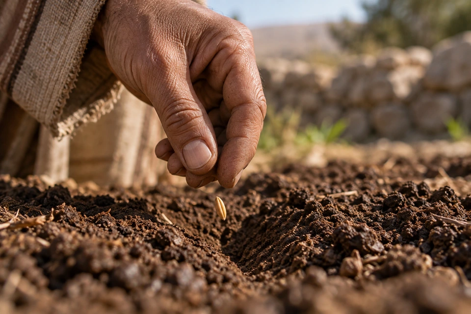 A hand releases one wheat kernel above a shallow furrow in dark soil.