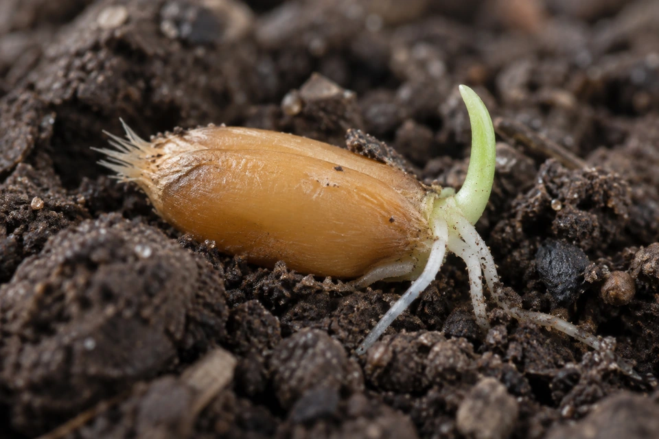Pale roots and a short green shoot emerge together from one end of a wheat kernel resting in moist soil.