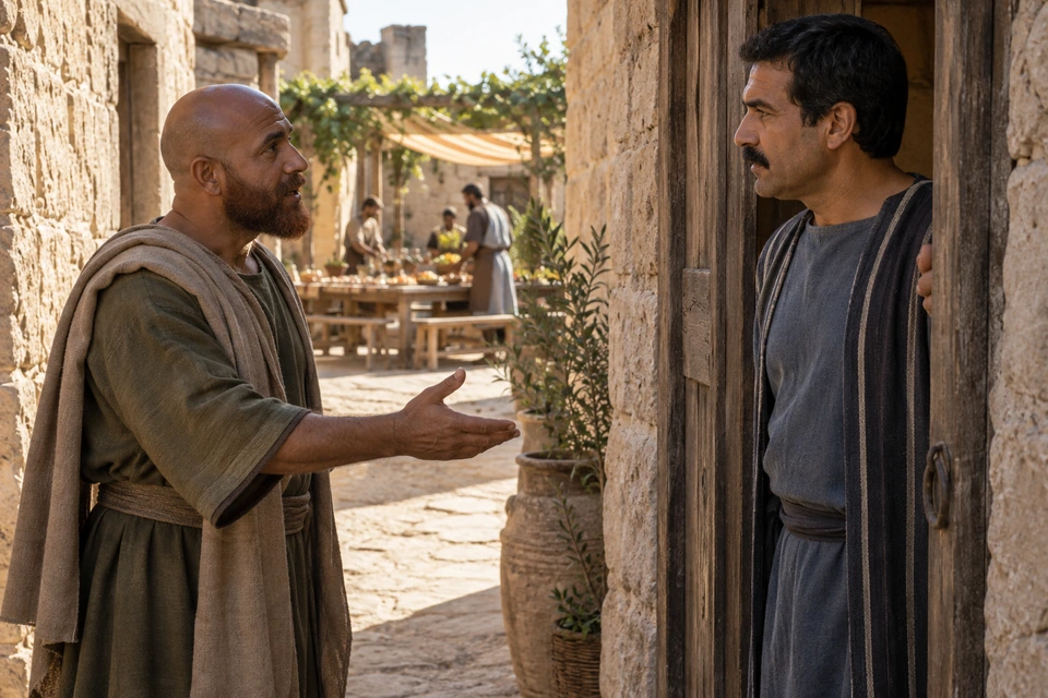 A bald bearded servant gestures to a mustached man at a doorway, with a prepared meal visible in the courtyard behind him.