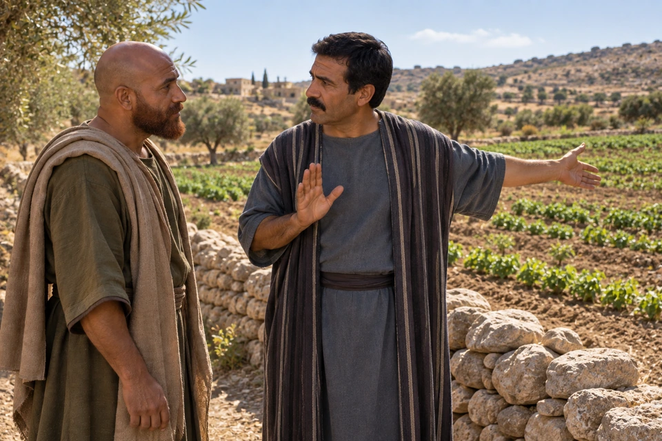 The same servant listens as the invited man raises one palm and gestures toward a cultivated field with his other hand.