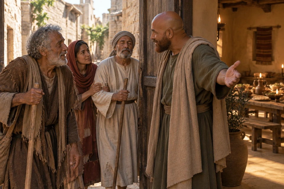 A servant welcomes three people at an open doorway; two older men hold wooden walking staffs, and a woman supports one man by the arm.