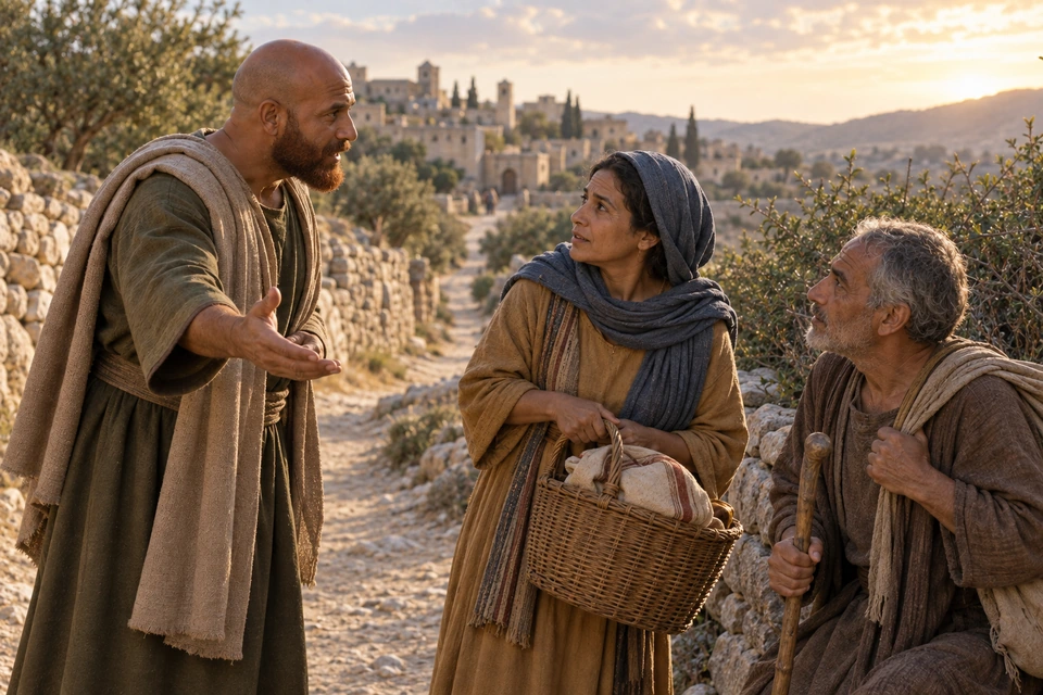 On a path beyond the town, the servant extends an open hand while a woman holding a basket and a seated older man with a staff look toward him.