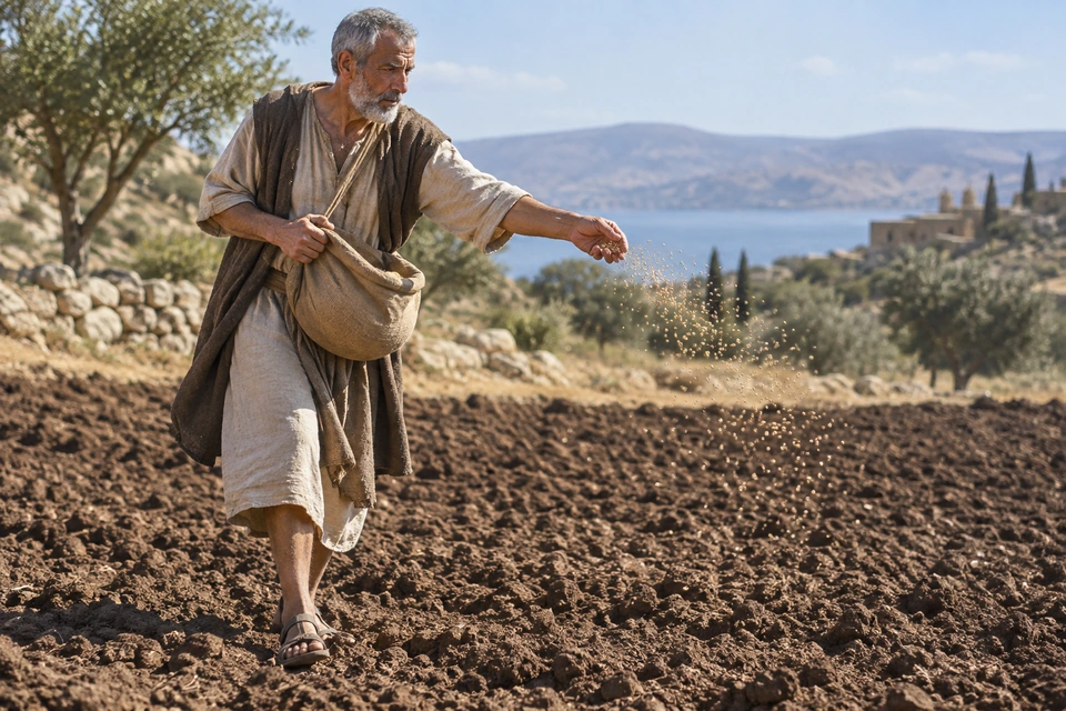 A gray-bearded farmer scatters seed by hand across a tilled field.
