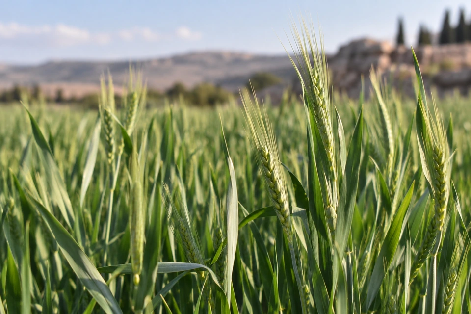 Green grain stalks rise from the soil, with developing ears among the blades.