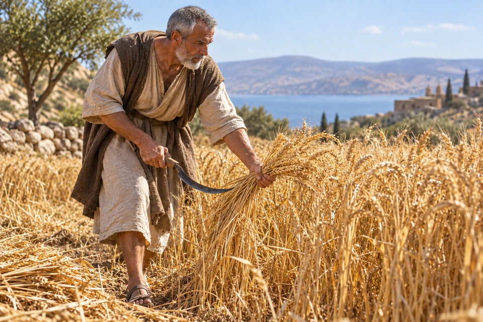 A gray-haired farmer gathers ripe grain in one hand and holds a curved sickle in the other.