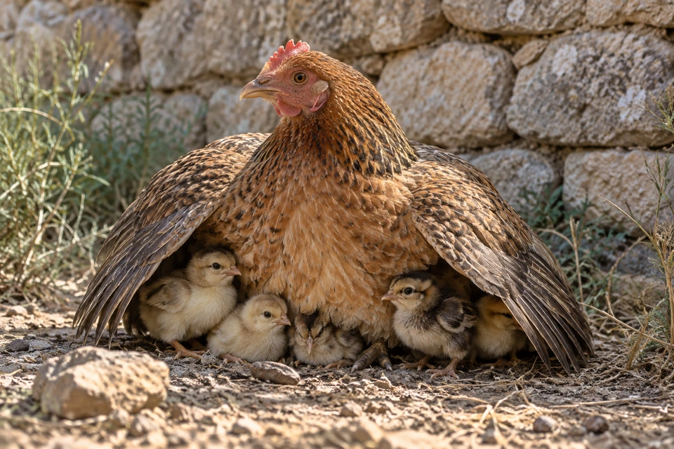 A speckled brown hen spreads her wings over chicks nestled beside her on dry earth near a stone wall.