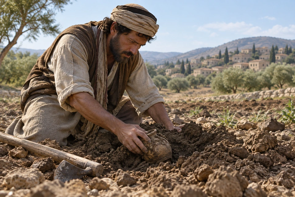 A man kneels in a field and uncovers a small earthen jar with his hand beside a digging tool.