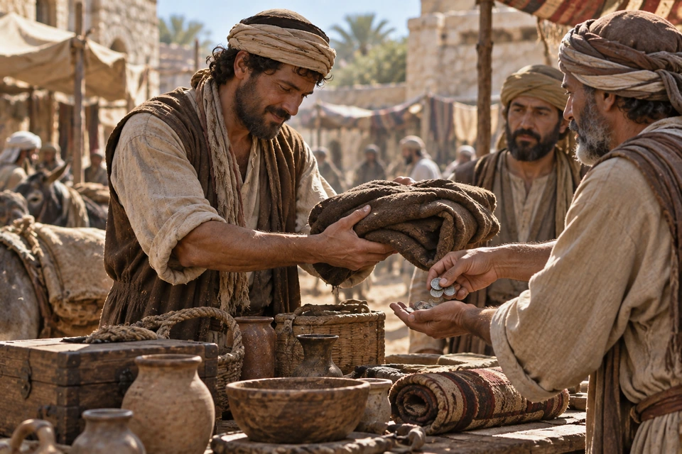 A man holds folded cloth toward a buyer who counts coins at a market table.