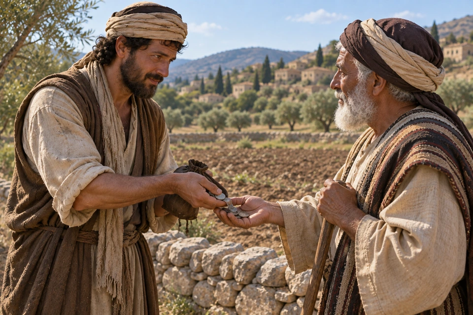 A man places coins into an older man's open palm beside a cultivated field.