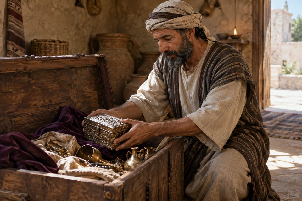 A man lifts an ornate small box from an open chest containing cloth, vessels and jewelry.