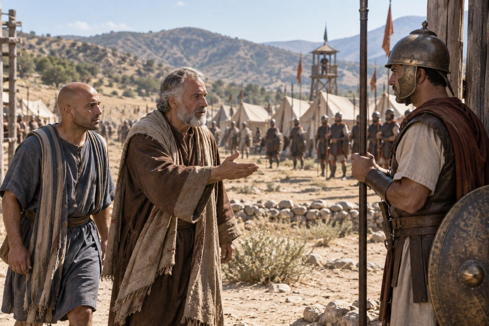The gray-bearded man and his bald companion stand before an armed camp guard; the older man extends an open hand while the guard holds a spear.