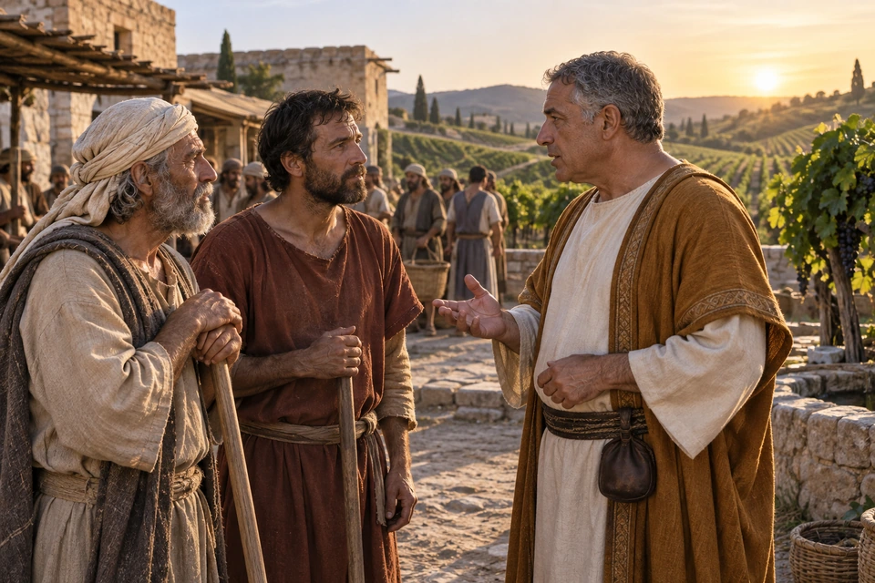 A clean-shaven landowner in an ochre mantle speaks with two workers holding staffs, with more people and vineyards behind them.