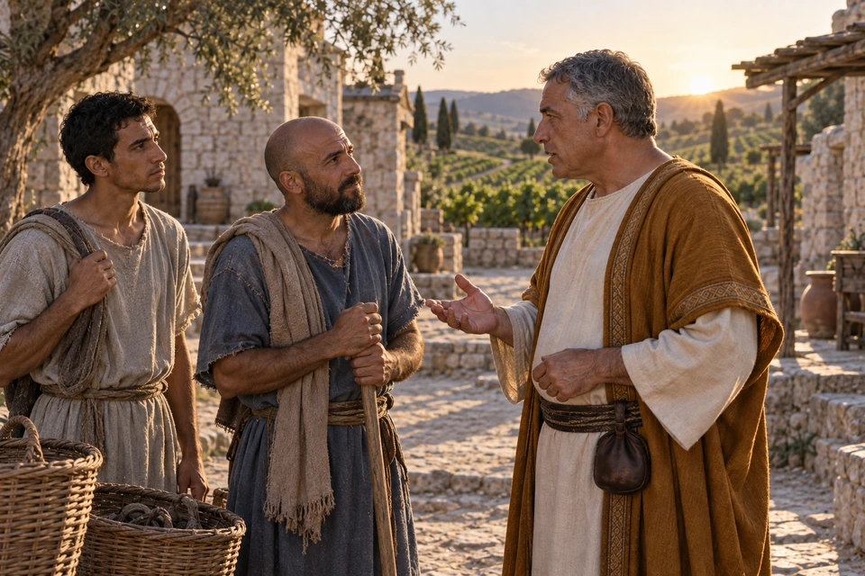 A landowner in an ochre mantle speaks with a bald worker in blue and a younger worker beside harvest baskets in a quiet village square.