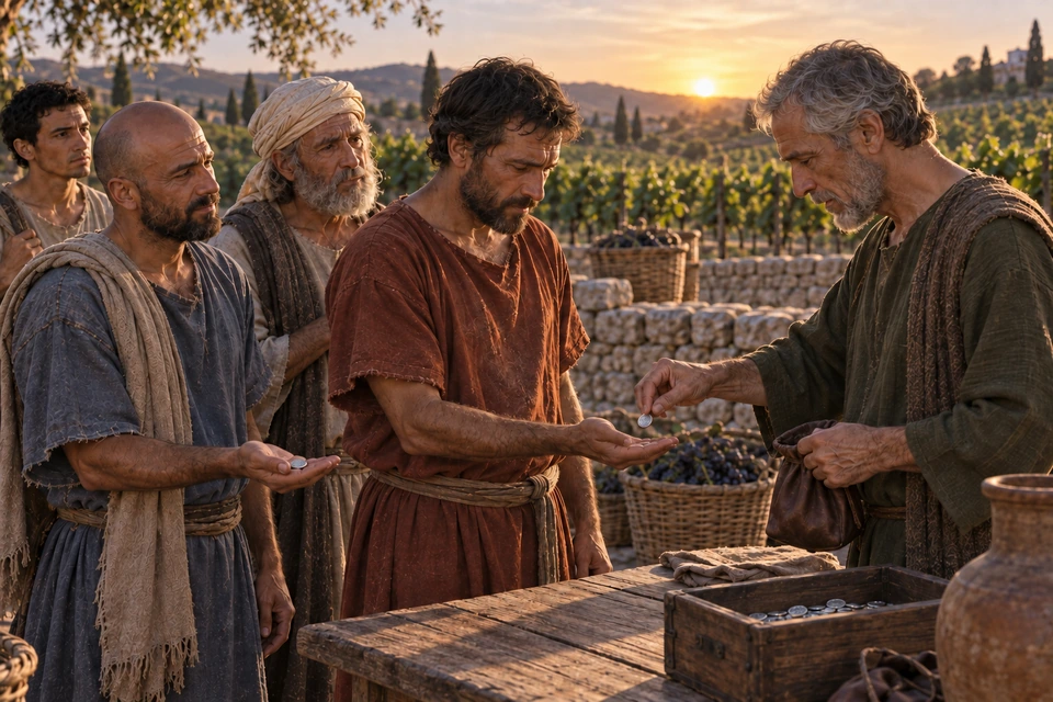A gray-bearded steward holds one small coin above the empty open palm of a worker in russet, while a bald worker in blue holds his own coin nearby.