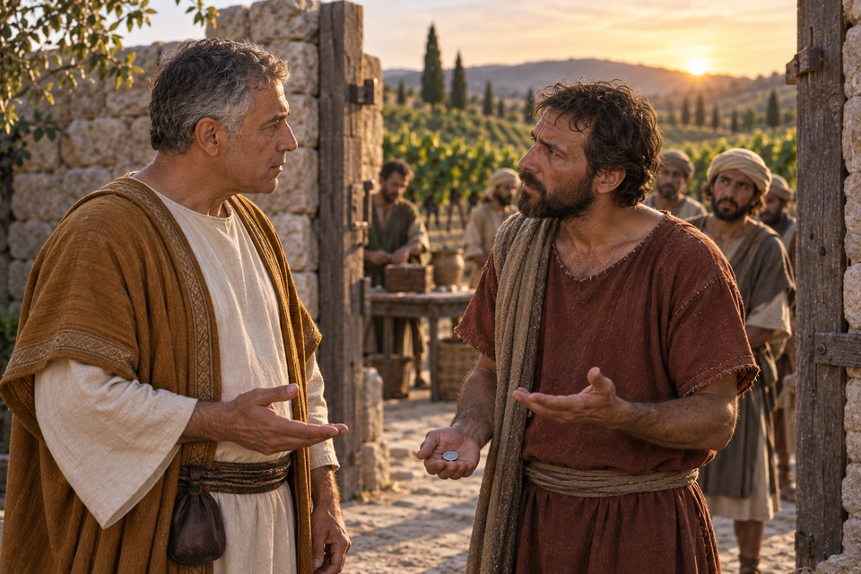The clean-shaven owner in an ochre mantle faces the bearded worker in russet, who holds one small coin and raises his other hand in complaint.