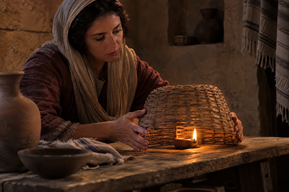 A woman holds an overturned woven basket around a small burning oil lamp on a wooden table.