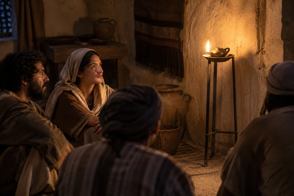 An oil lamp burns on a tall stand, lighting the faces of people seated in a dim room.