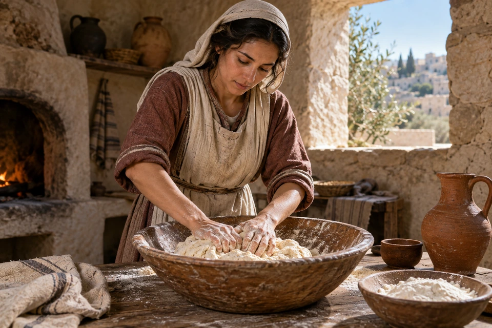 A woman kneads dough with both hands in a wooden bowl beside flour and an earthen jug.
