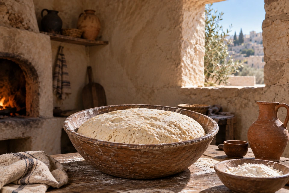 A mound of risen dough fills a wooden bowl in a sunlit kitchen.