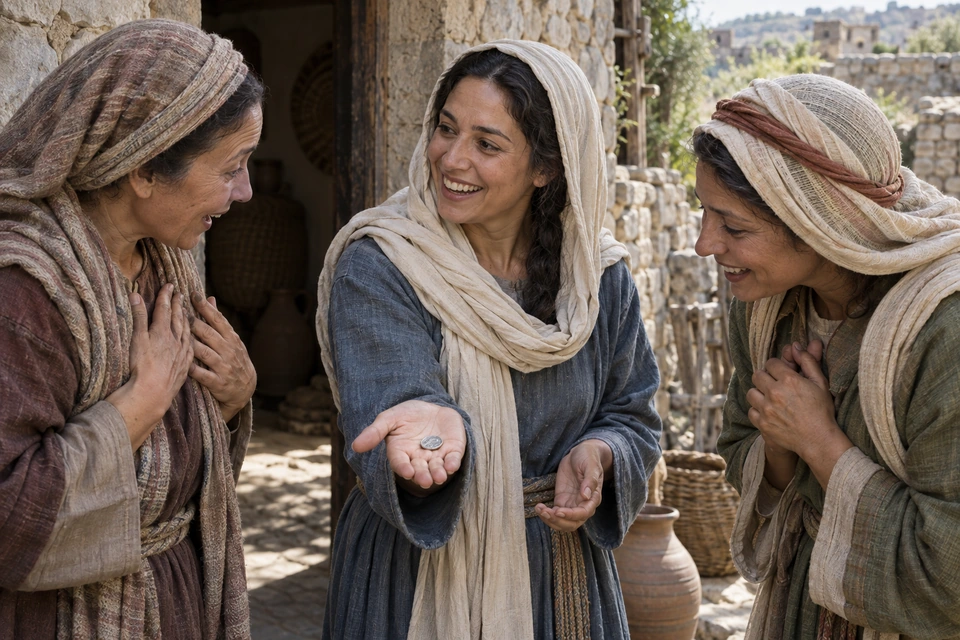 A woman shows a recovered coin to two neighbors outside a stone house.