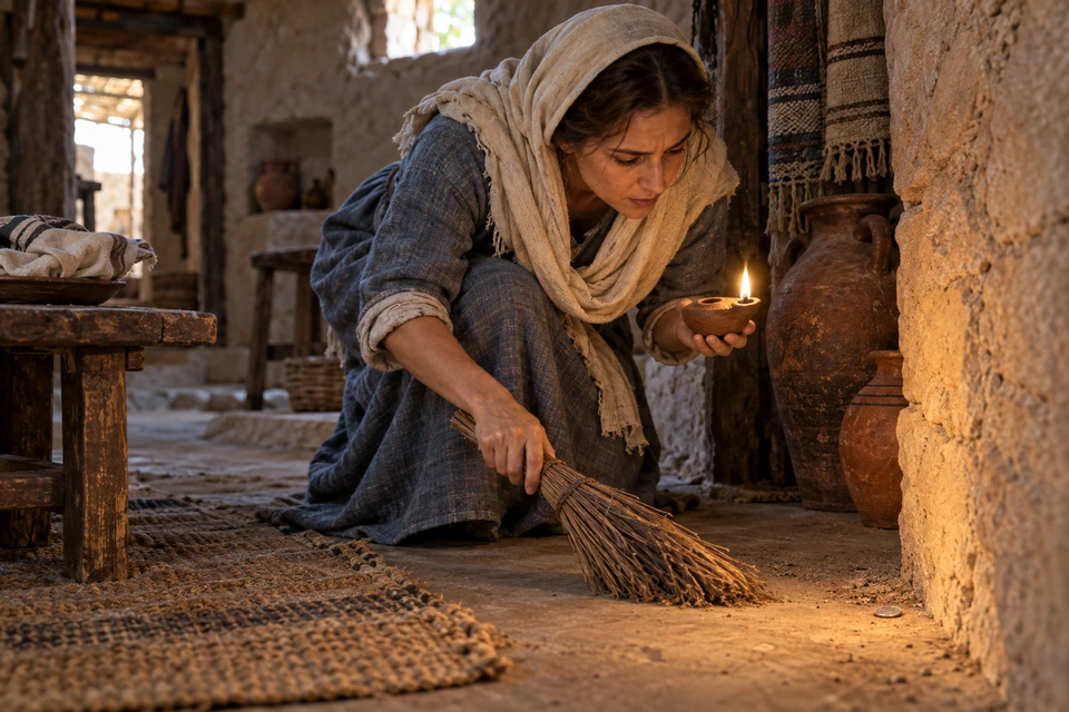A woman holds an oil lamp and sweeps a floor where a small coin lies near the wall.