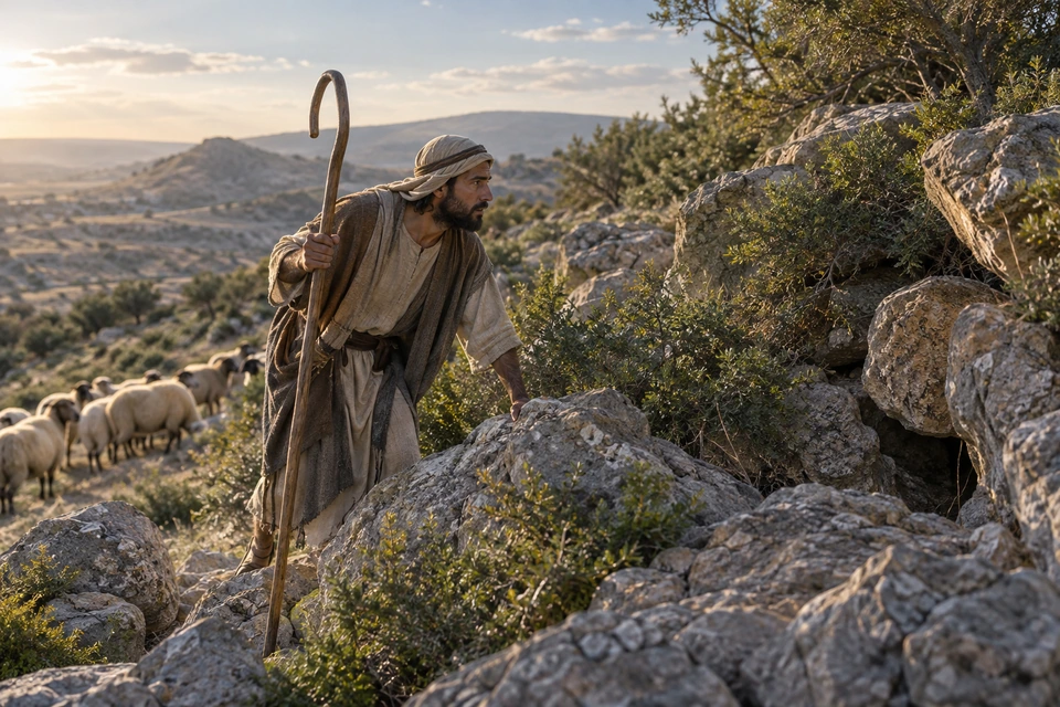 A shepherd looks into rocky brush while holding a staff, with a grazing flock behind him on the hillside.