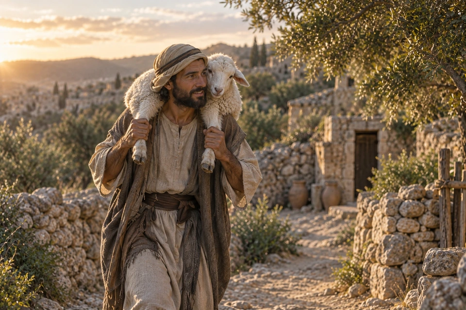 A smiling shepherd carries a white-faced sheep across his shoulders, holding its legs securely.