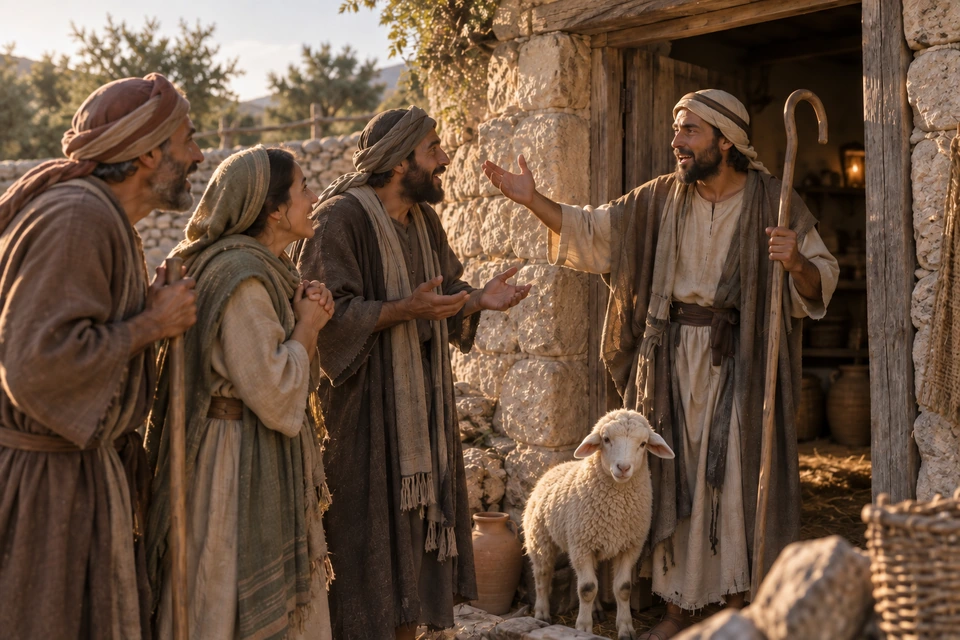 A shepherd welcomes three neighbors at his doorway while a white-faced cream-colored sheep stands beside him.