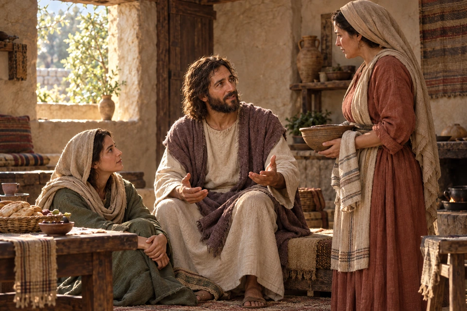 Jesus speaks to Martha, who holds a bowl, while her sister Mary sits nearby listening.
