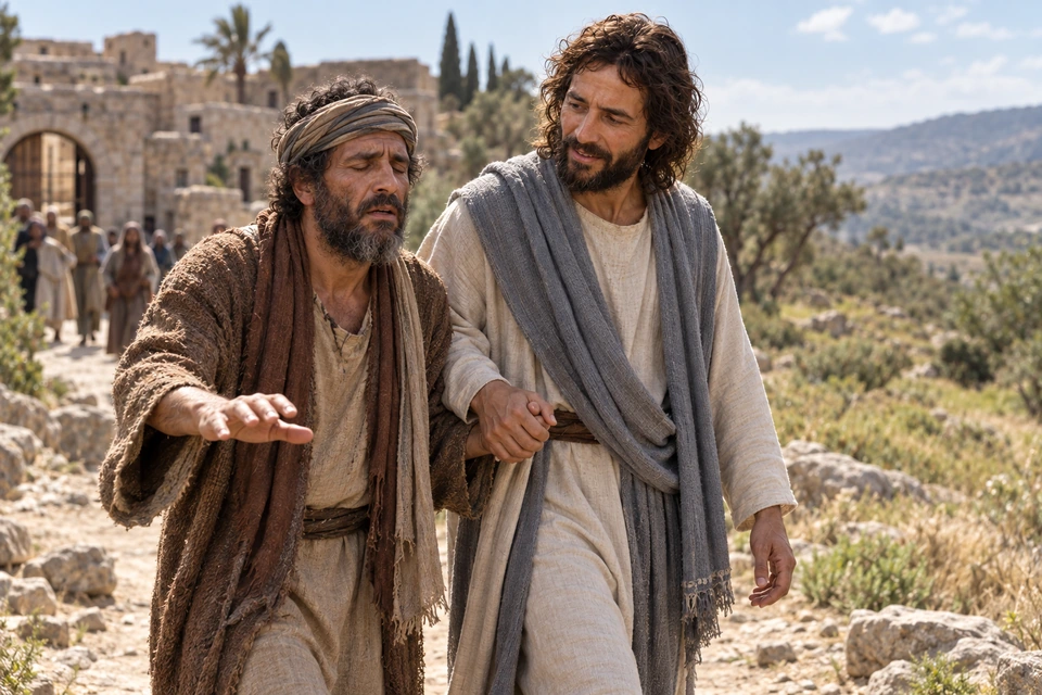 Jesus holds a blind man’s hand and leads him away from the village along a stony path.