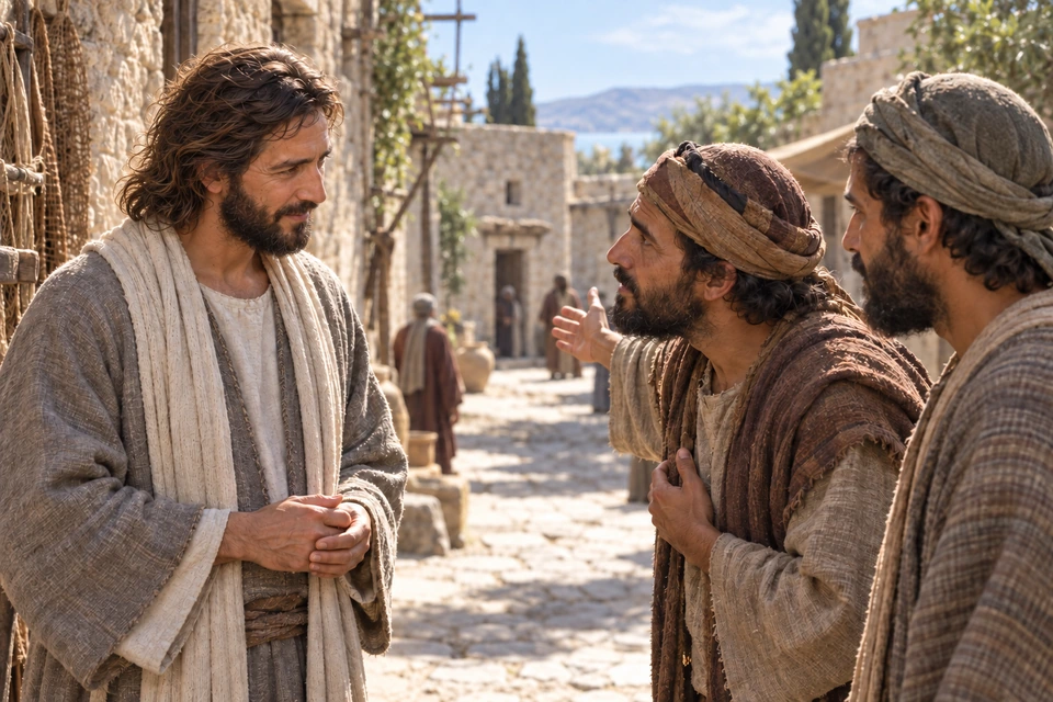 Jesus listens to two men on a village street, meeting the central messenger's gaze as the man gestures.