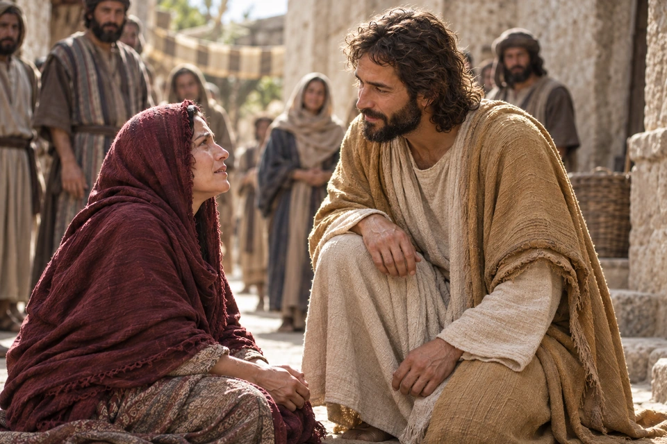 Jesus lowers Himself beside the seated woman and meets her eyes with tender attention while people stand nearby.