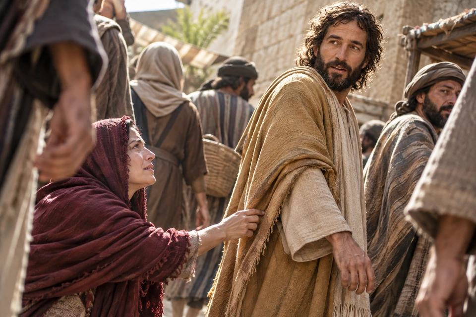 A woman reaches from behind to touch Jesus’s outer garment as He turns amid the crowd.