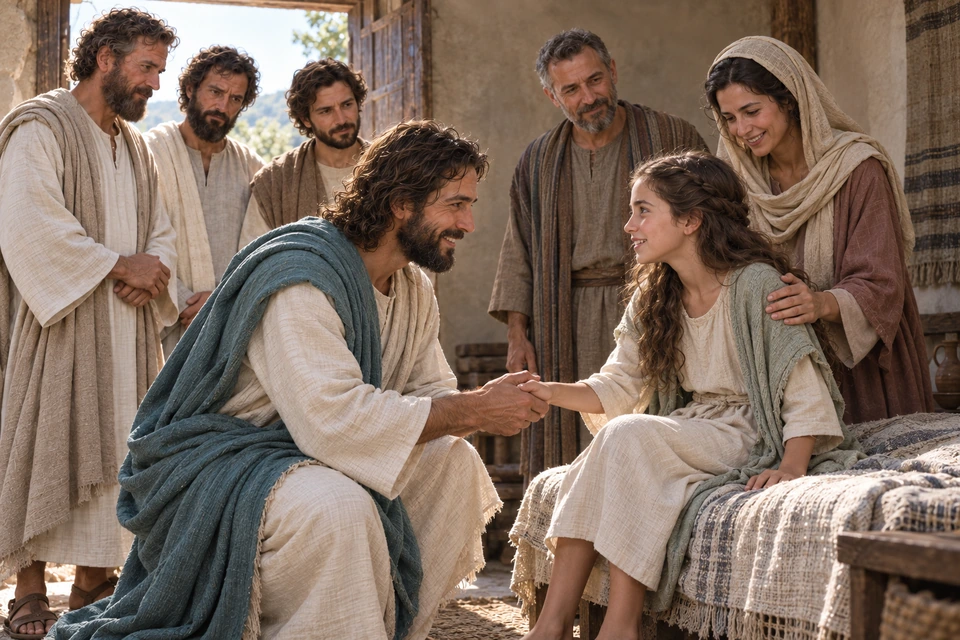 Jesus holds the hand of Jairus's daughter as she sits upright, with her parents and three disciples nearby.