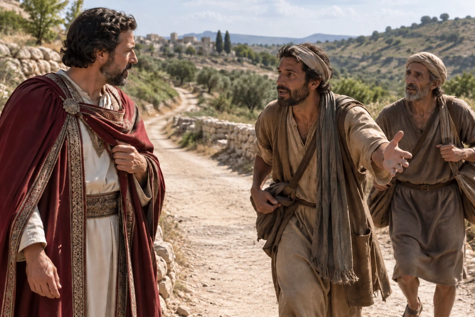 An official listens to a servant speaking on a rural road while an older gray-bearded servant approaches behind him.