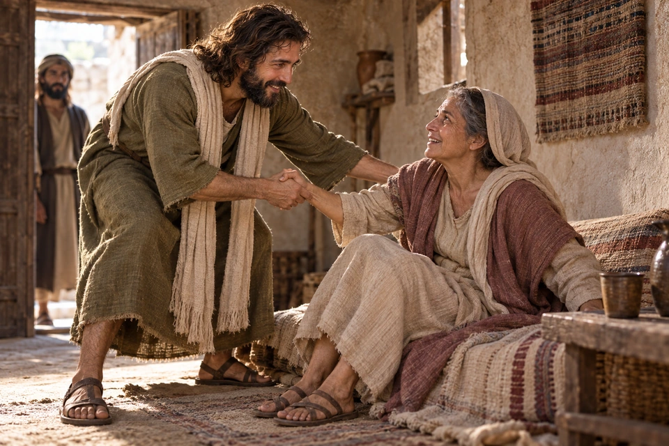 Jesus takes an older woman by the hand and helps her rise from bedding as they look toward one another.