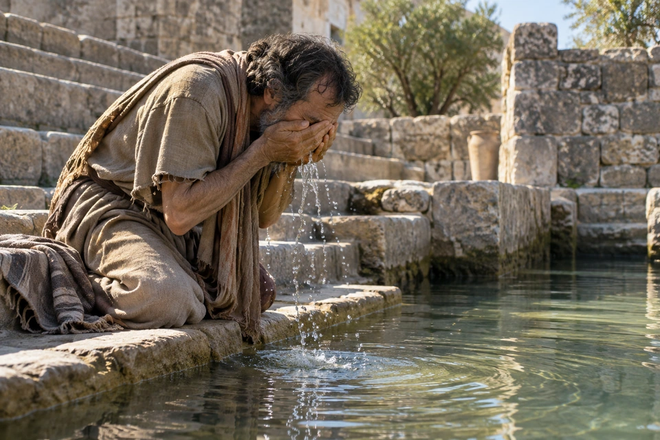 A man kneels by a stone-edged pool and cups water over his eyes.