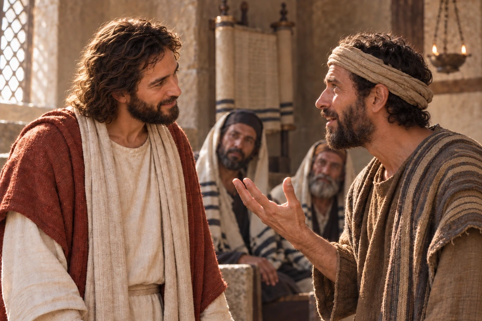 Jesus and a man look toward one another while the man holds up his restored hand in a synagogue.