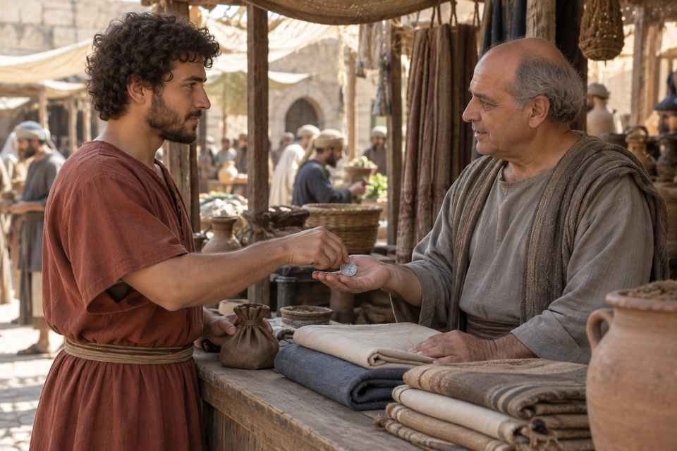 The curly-haired servant in rust offers a coin into an older merchant's open palm across a market counter stacked with folded cloth.
