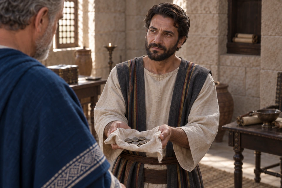 The dark-haired servant in a striped outer garment holds an open cloth containing coins before the blue-robed nobleman.